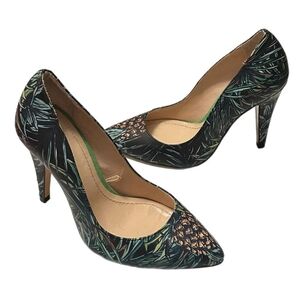 Zara Green Tropical Leaf Pineapple Patterned Pointed Toe Heels